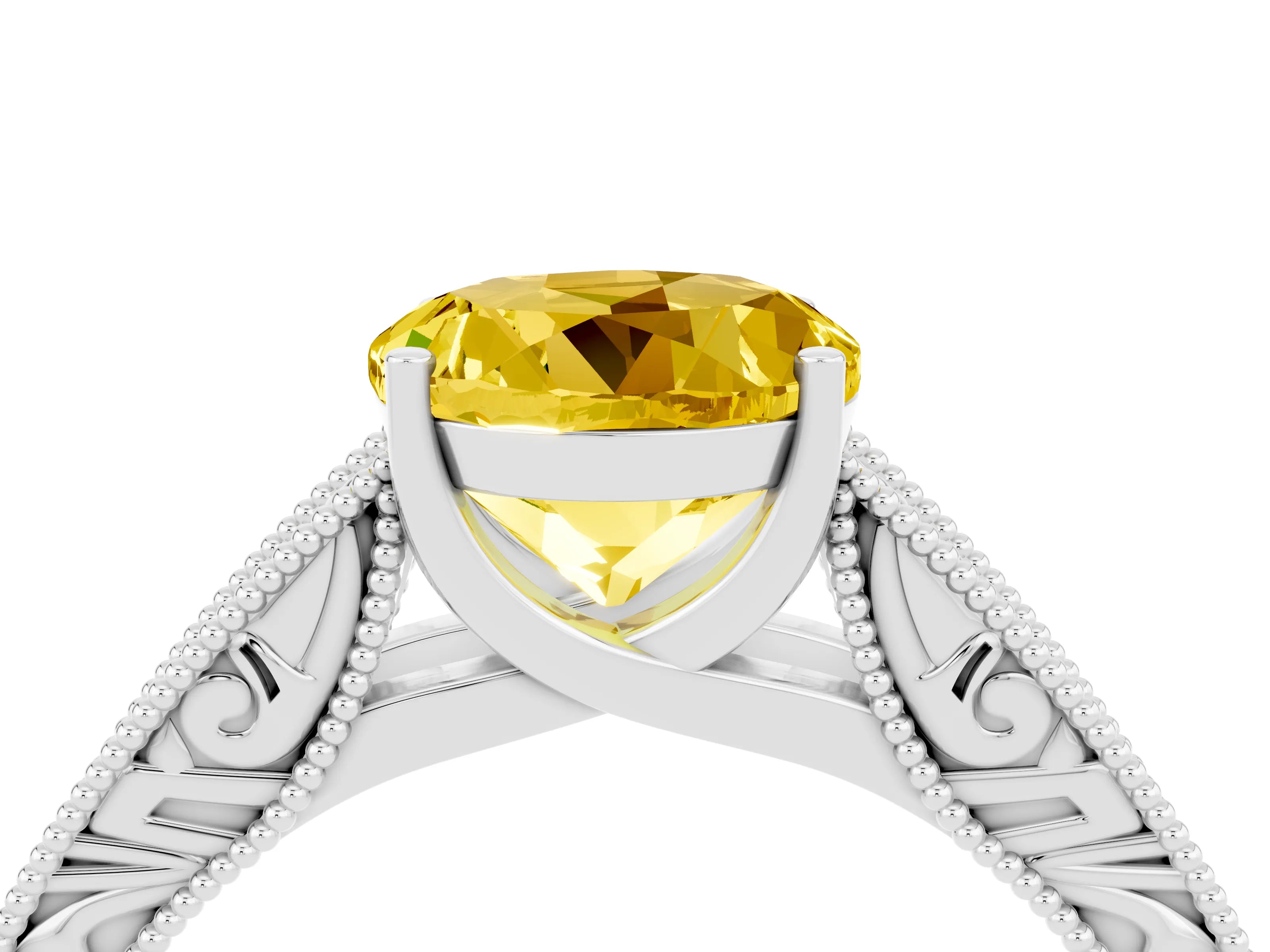 White gold Round Cut Yellow Sapphire Solitaire Ring with Engraved Band and Four-Prong Setting_4