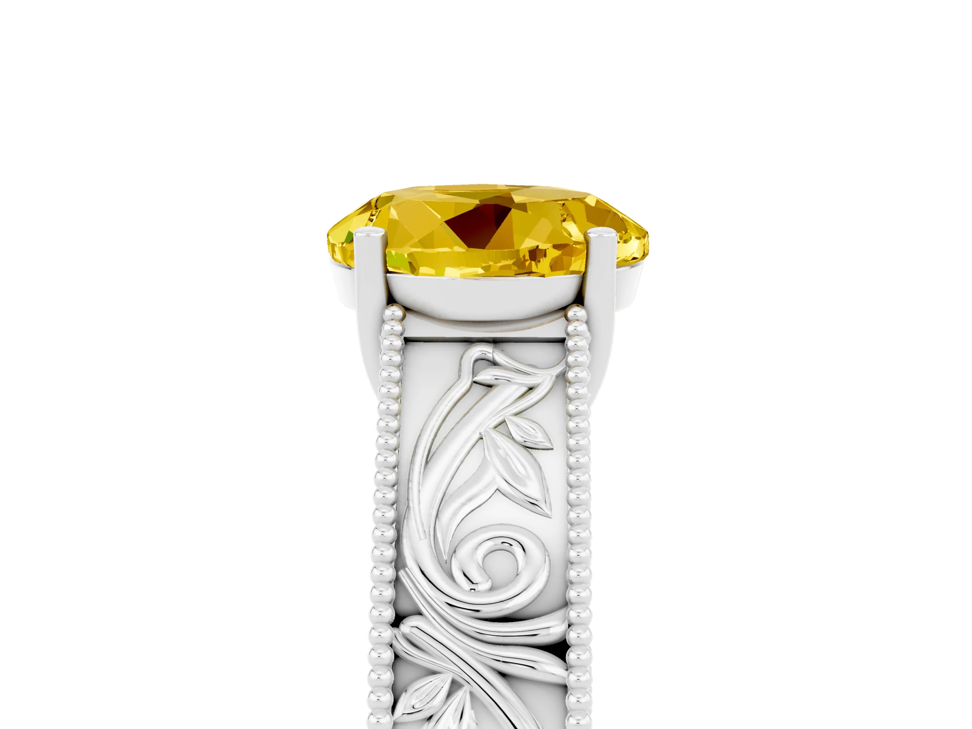 White gold Round Cut Yellow Sapphire Solitaire Ring with Engraved Band and Four-Prong Setting_5