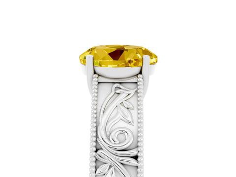 White gold Round Cut Yellow Sapphire Solitaire Ring with Engraved Band and Four-Prong Setting_5