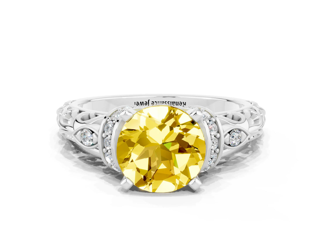White gold Round Cut Yellow Sapphire Solitaire Ring with Filigree Band and Four-Prong Setting_48