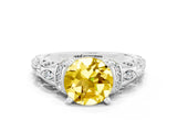 White gold Round Cut Yellow Sapphire Solitaire Ring with Filigree Band and Four-Prong Setting_48
