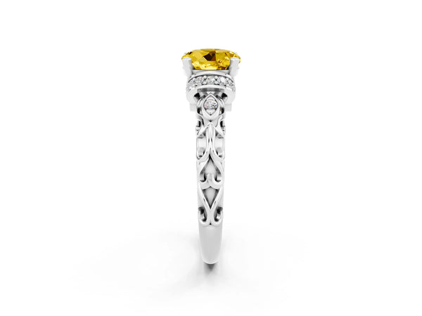 Platinum Round Cut Yellow Sapphire Solitaire Ring with Filigree Band and Four-Prong Setting