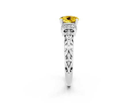 White gold Round Cut Yellow Sapphire Solitaire Ring with Filigree Band and Four-Prong Setting_50