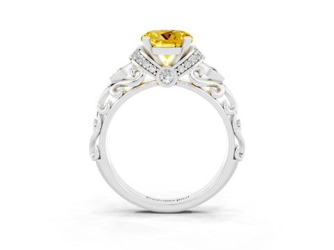 White gold Round Cut Yellow Sapphire Solitaire Ring with Filigree Band and Four-Prong Setting_51