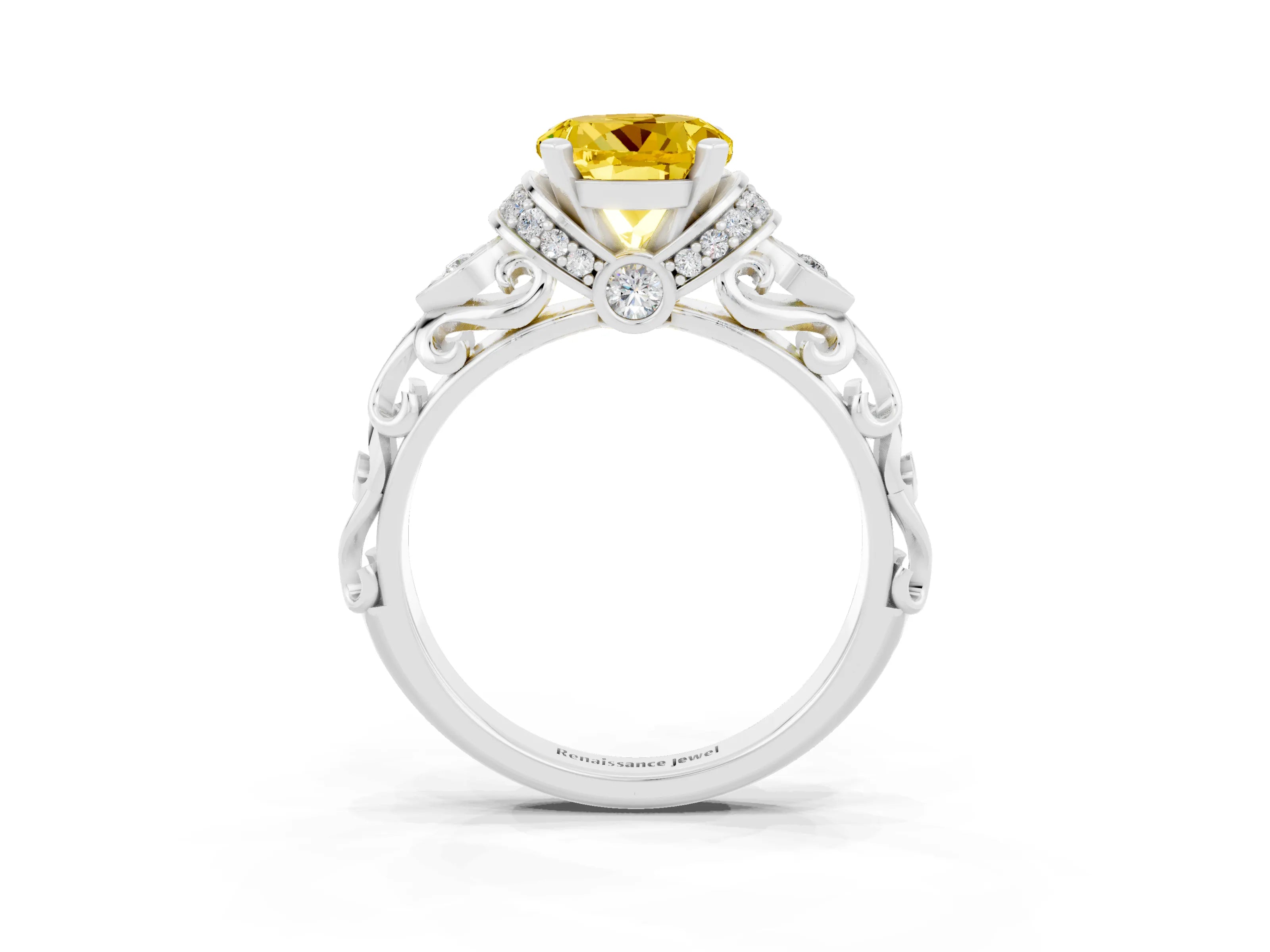White gold Round Cut Yellow Sapphire Solitaire Ring with Filigree Band and Four-Prong Setting_51