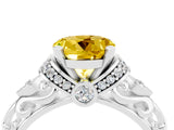 White gold Round Cut Yellow Sapphire Solitaire Ring with Filigree Band and Four-Prong Setting_52
