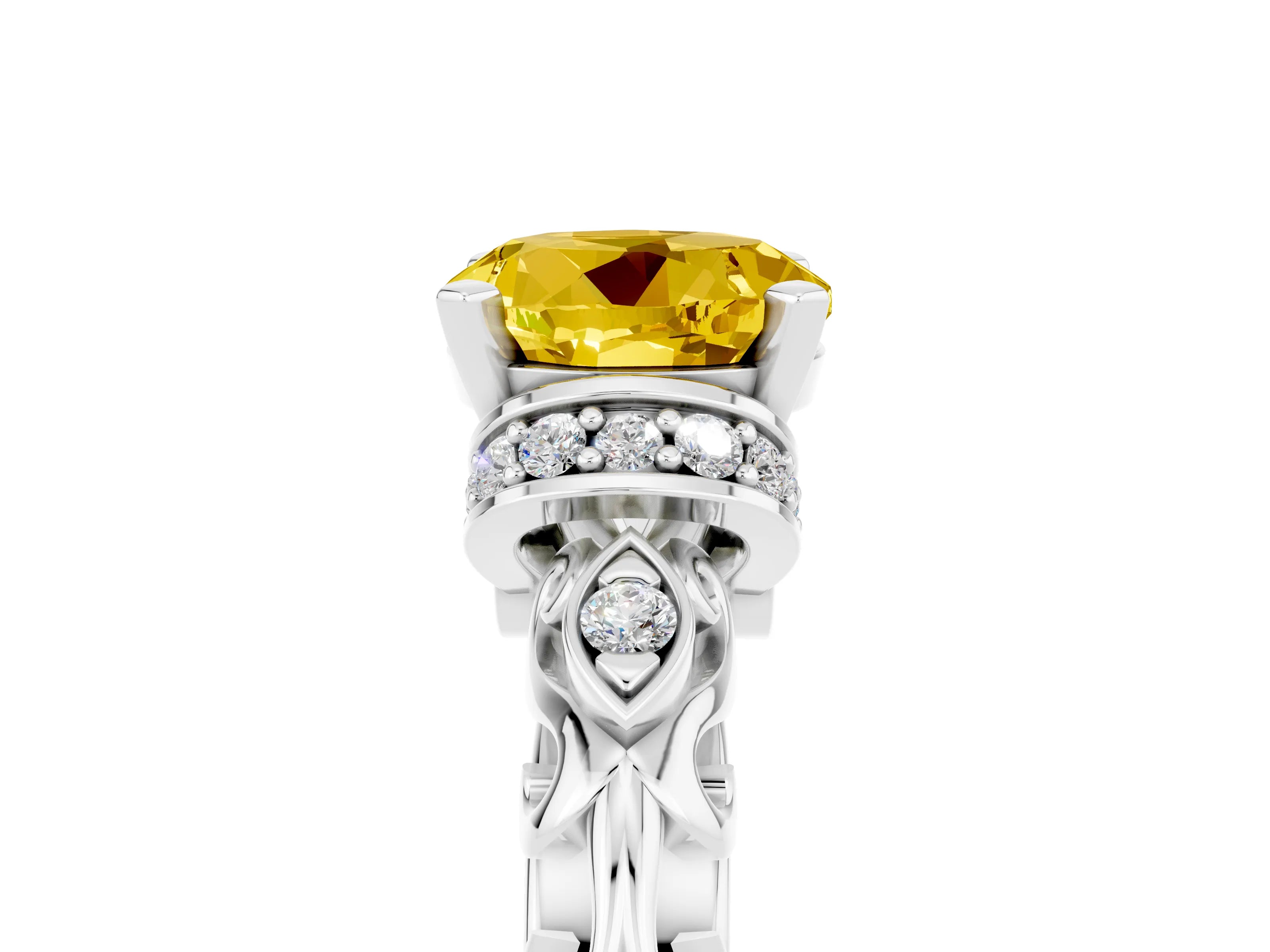 White gold Round Cut Yellow Sapphire Solitaire Ring with Filigree Band and Four-Prong Setting_53