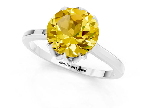 White gold Round Cut Yellow Sapphire Solitaire Ring with Flower Prong Setting and Classic Band_13