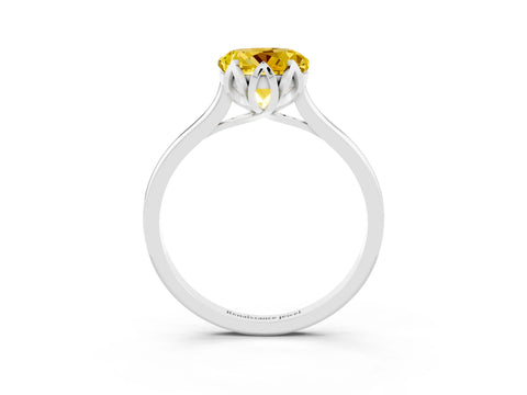 White gold Round Cut Yellow Sapphire Solitaire Ring with Flower Prong Setting and Classic Band_15
