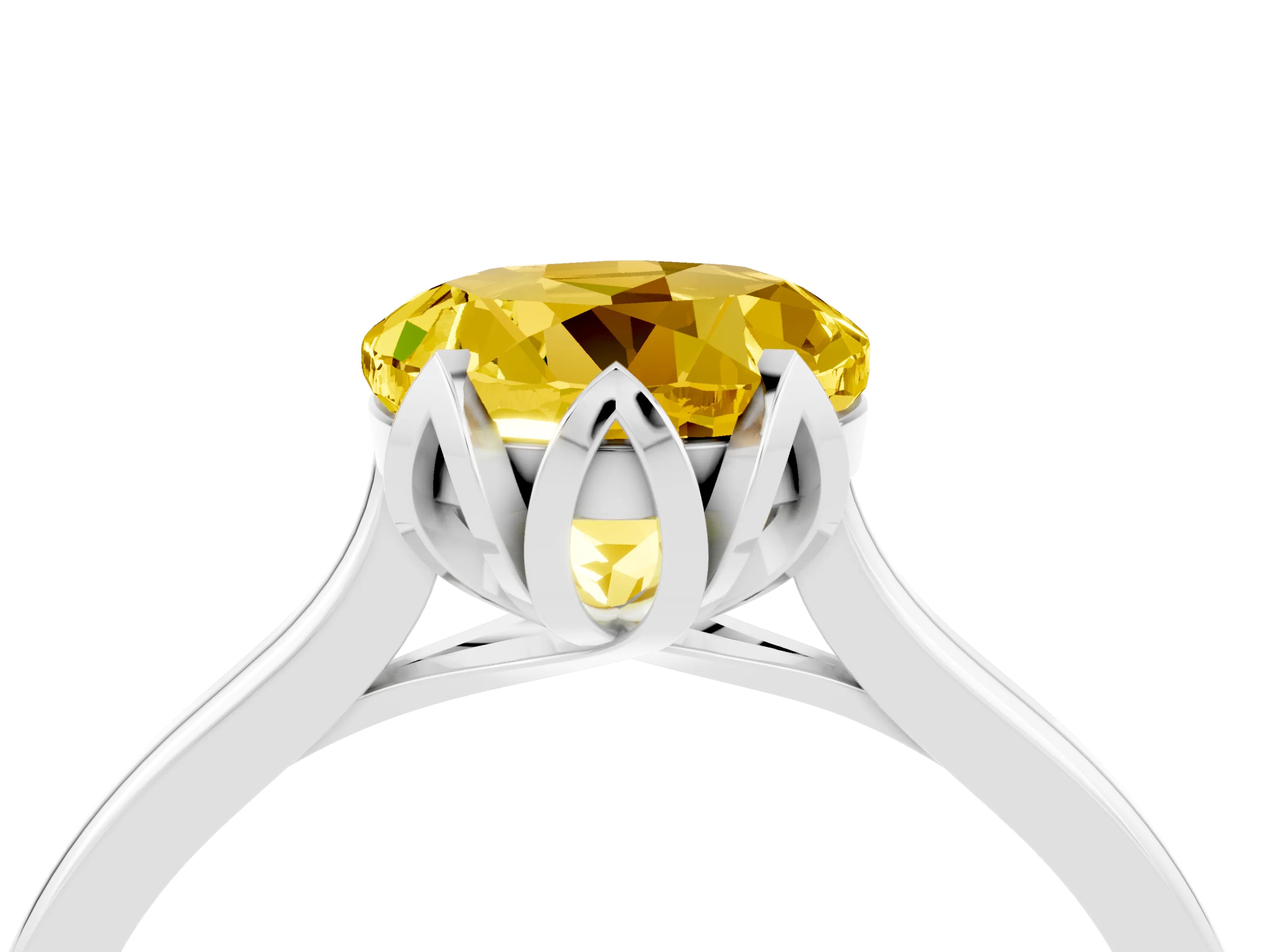 White gold Round Cut Yellow Sapphire Solitaire Ring with Flower Prong Setting and Classic Band_16