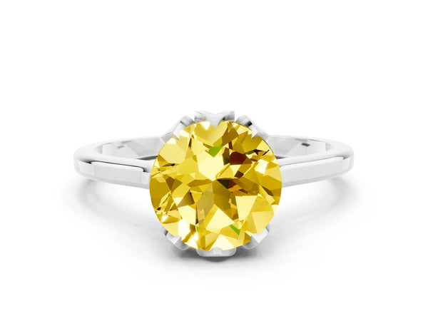 White gold Round Cut Yellow Sapphire Solitaire Ring with Flower Prong Setting and Classic Band