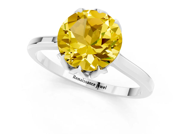 White gold Round Cut Yellow Sapphire Solitaire Ring with Flower Prong Setting and Classic Band