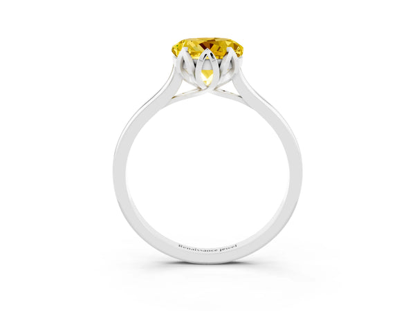 White gold Round Cut Yellow Sapphire Solitaire Ring with Flower Prong Setting and Classic Band