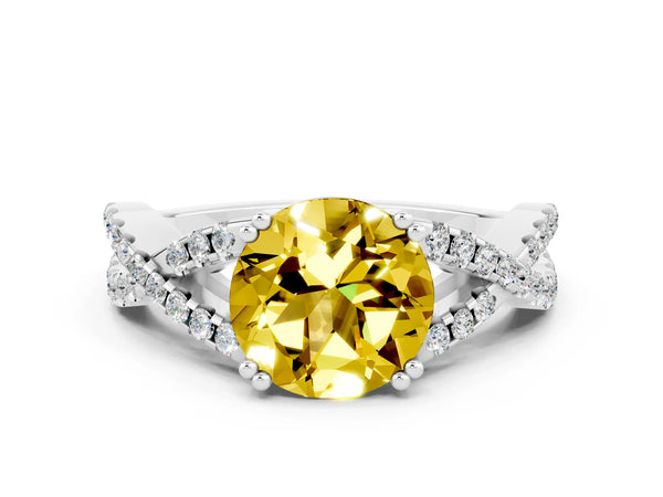 Platinum Round Cut Yellow Sapphire Solitaire Ring with Four-Prong Setting and Twisted Pavé Band