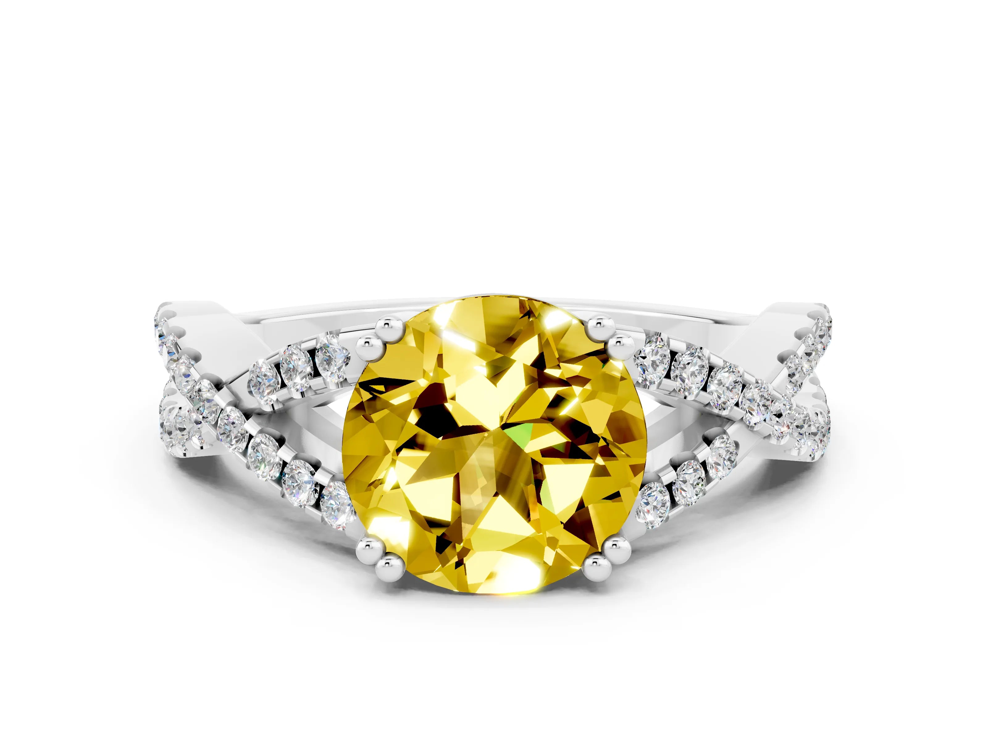 White gold Round Cut Yellow Sapphire Solitaire Ring with Four-Prong Setting and Twisted Pavé Band_12