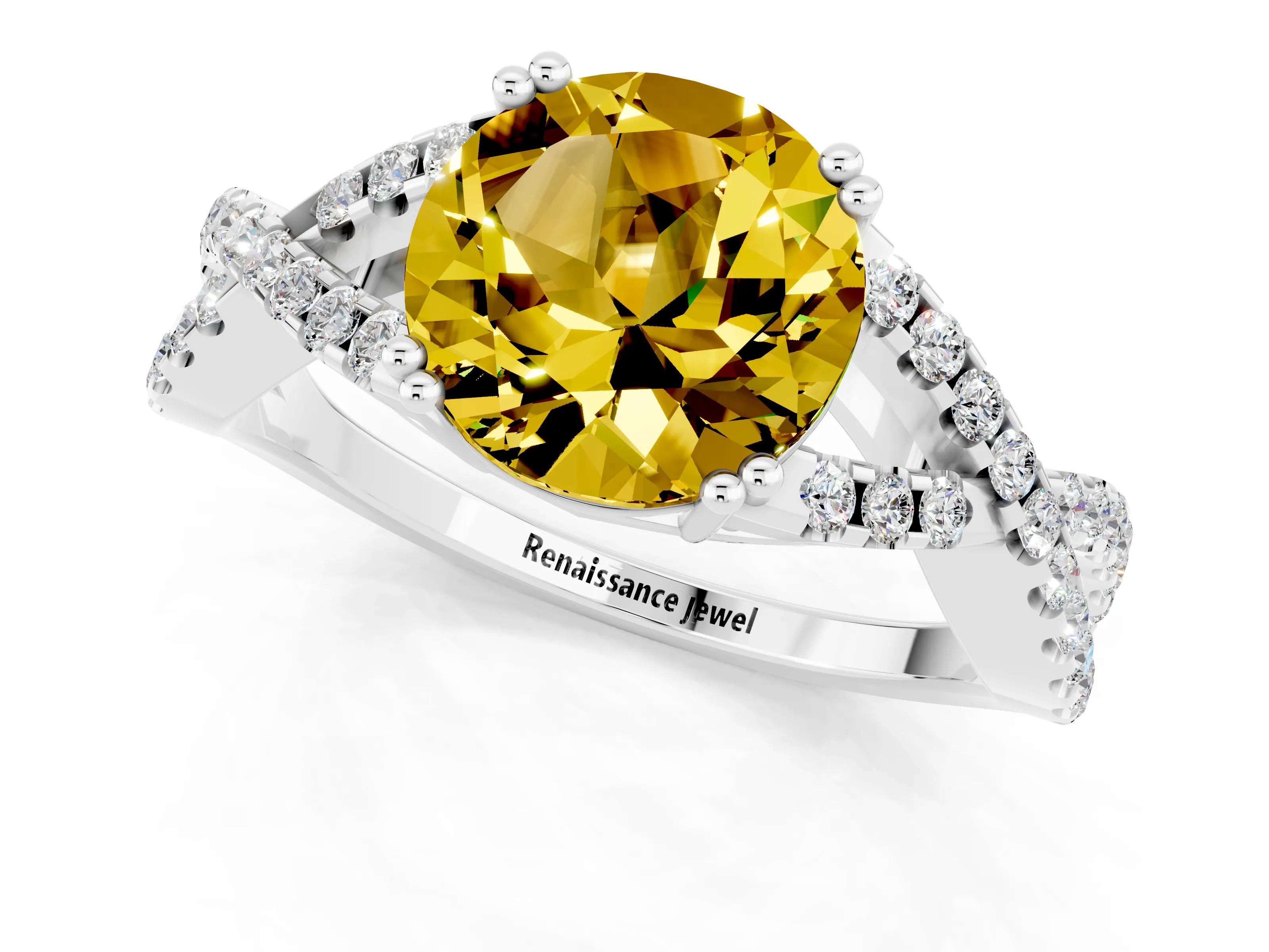 White gold Round Cut Yellow Sapphire Solitaire Ring with Four-Prong Setting and Twisted Pavé Band_13