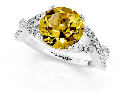 White gold Round Cut Yellow Sapphire Solitaire Ring with Four-Prong Setting and Twisted Pavé Band_13