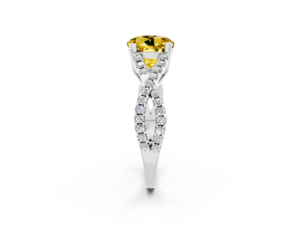 White gold Round Cut Yellow Sapphire Solitaire Ring with Four-Prong Setting and Twisted Pavé Band