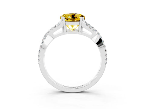 White gold Round Cut Yellow Sapphire Solitaire Ring with Four-Prong Setting and Twisted Pavé Band_15