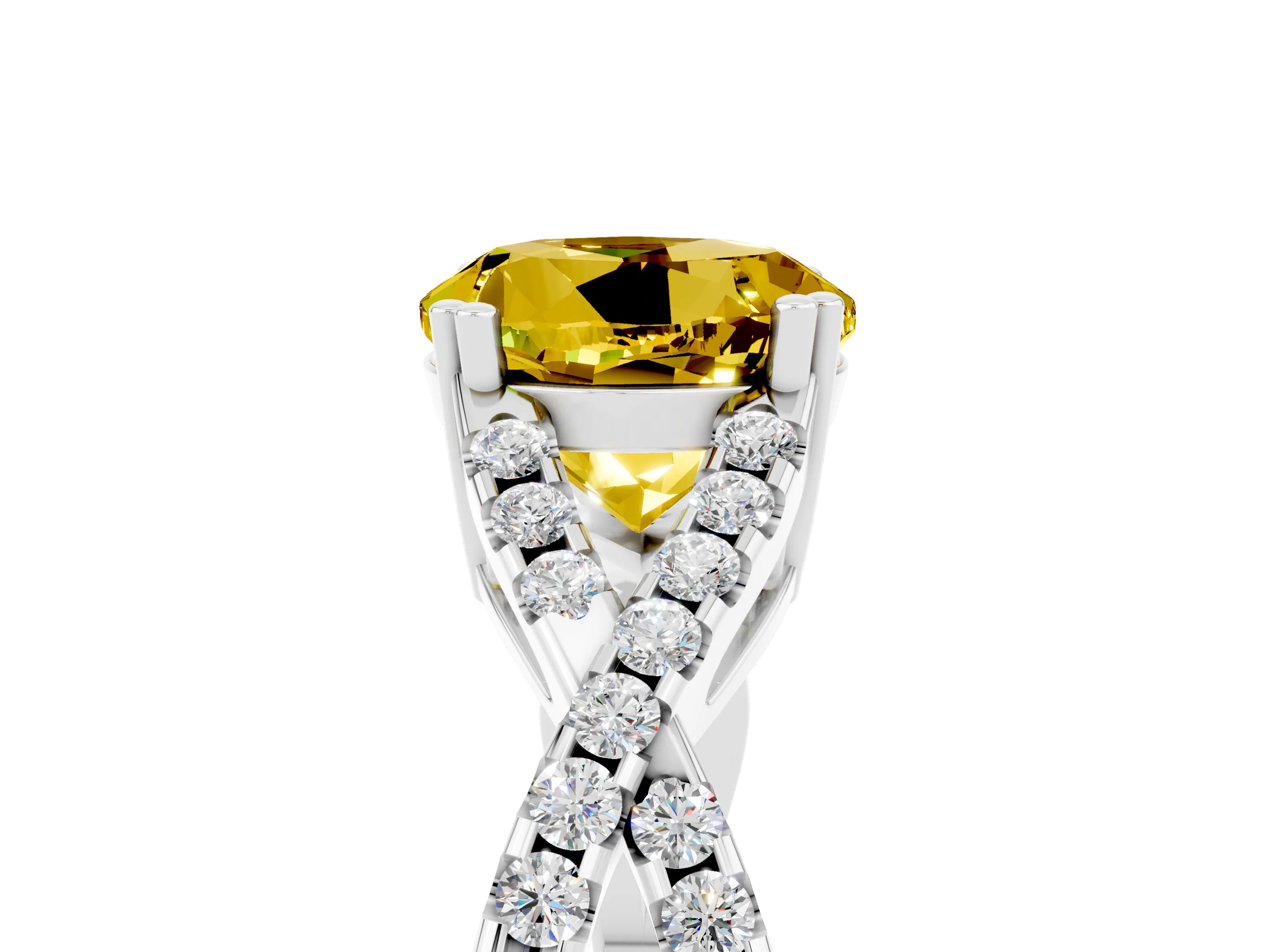White gold Round Cut Yellow Sapphire Solitaire Ring with Four-Prong Setting and Twisted Pavé Band_17