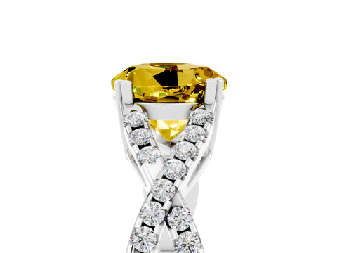 White gold Round Cut Yellow Sapphire Solitaire Ring with Four-Prong Setting and Twisted Pavé Band_17