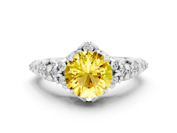 Platinum Round Cut Yellow Sapphire Solitaire Ring with Hidden Halo and Pavé Band