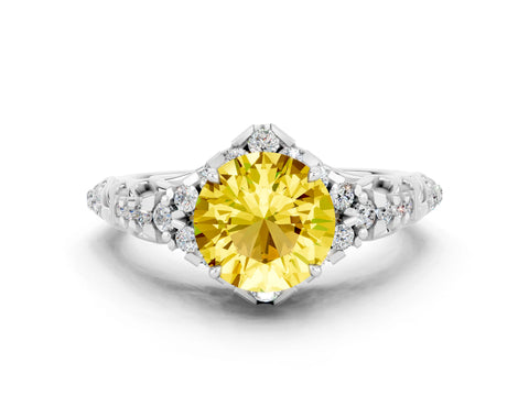 White gold Round Cut Yellow Sapphire Solitaire Ring with Hidden Halo and Pavé Band_12