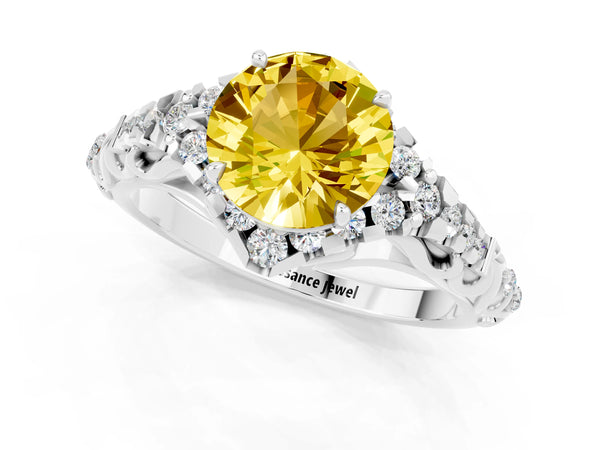 Silver Round Cut Yellow Sapphire Solitaire Ring with Hidden Halo and Pavé Band
