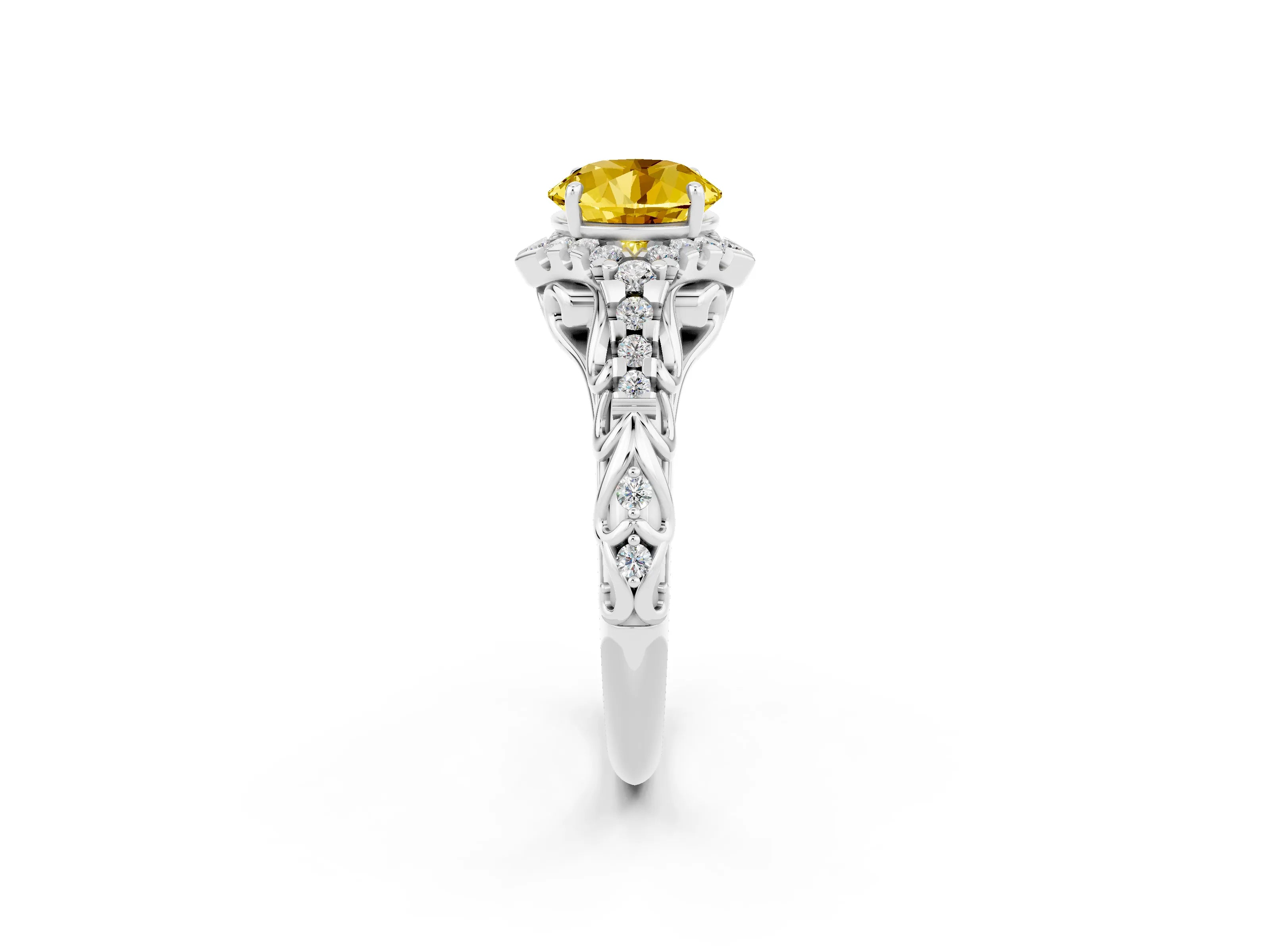 White gold Round Cut Yellow Sapphire Solitaire Ring with Hidden Halo and Pavé Band_14