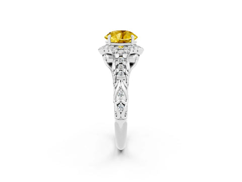 White gold Round Cut Yellow Sapphire Solitaire Ring with Hidden Halo and Pavé Band_14