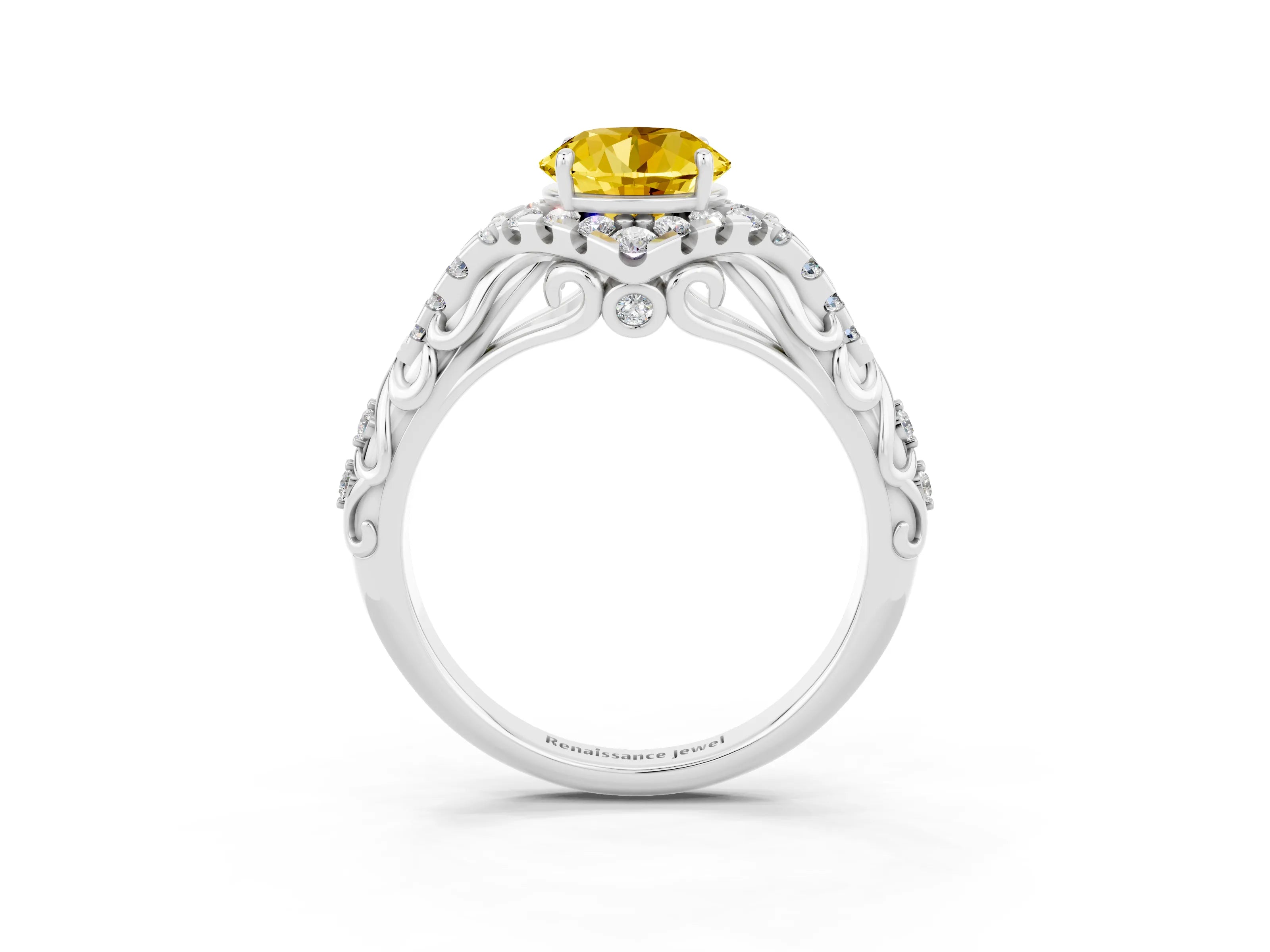 White gold Round Cut Yellow Sapphire Solitaire Ring with Hidden Halo and Pavé Band_15