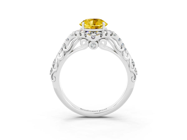 Platinum Round Cut Yellow Sapphire Solitaire Ring with Hidden Halo and Pavé Band
