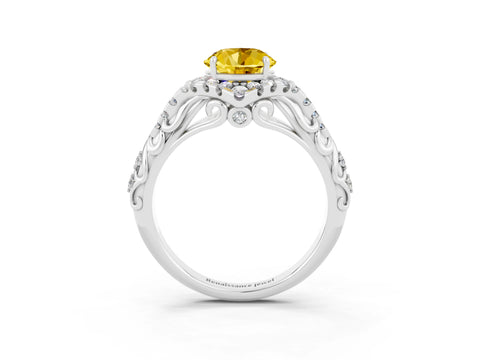 White gold Round Cut Yellow Sapphire Solitaire Ring with Hidden Halo and Pavé Band_15