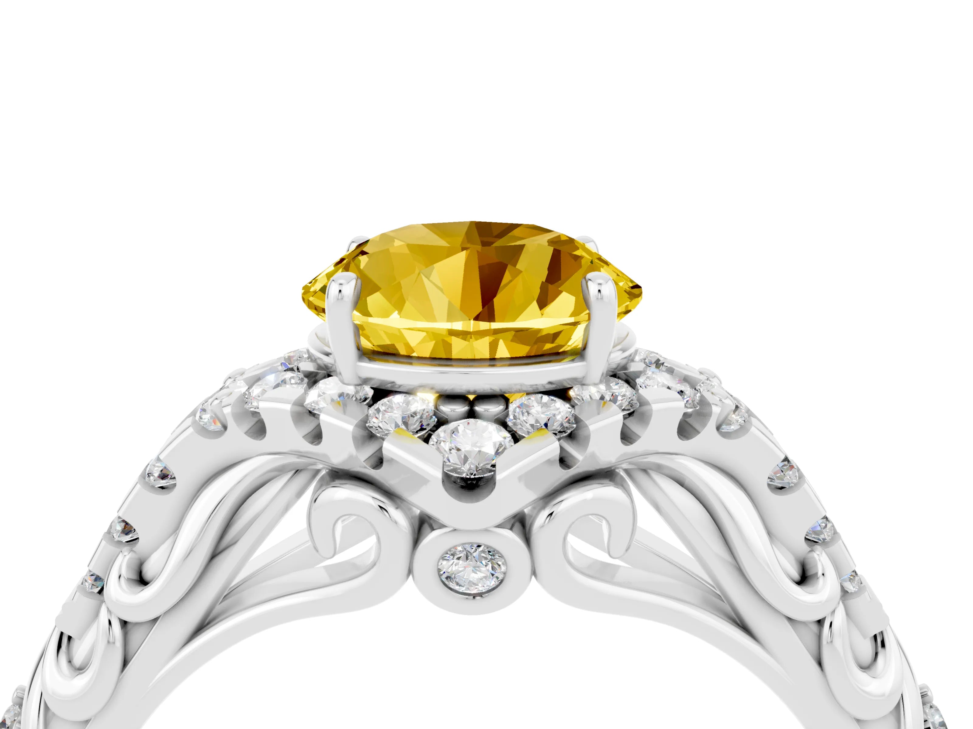 White gold Round Cut Yellow Sapphire Solitaire Ring with Hidden Halo and Pavé Band_16