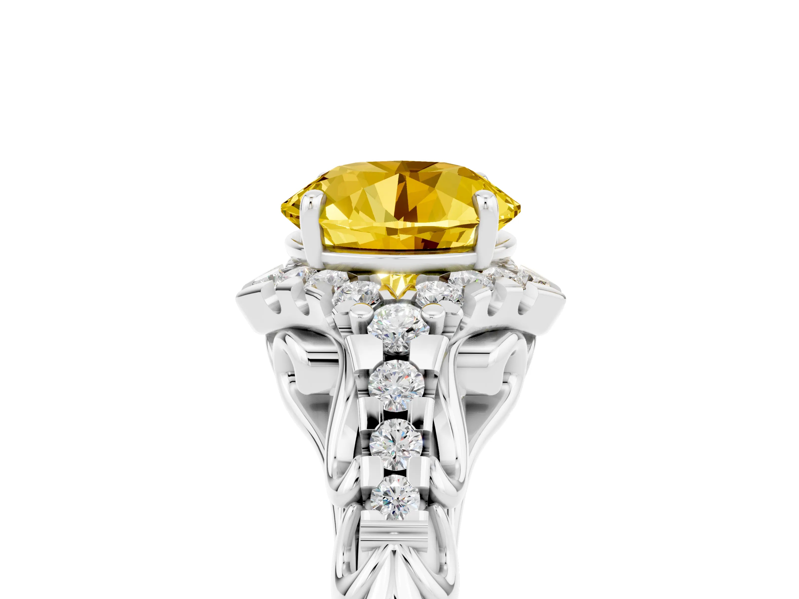 White gold Round Cut Yellow Sapphire Solitaire Ring with Hidden Halo and Pavé Band_17
