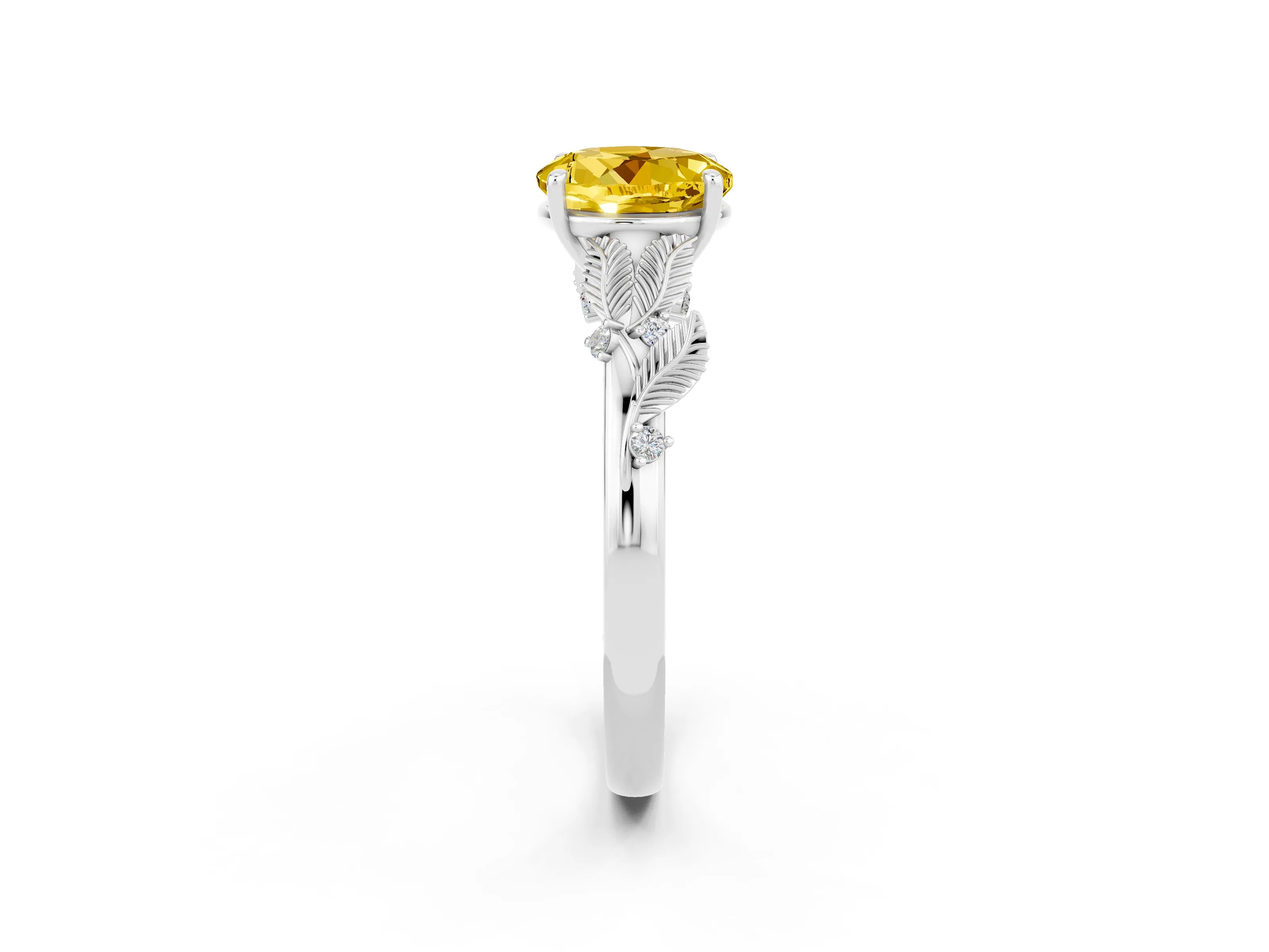 White gold Round Cut Yellow Sapphire Solitaire Ring with Leaf Motif Band and Four-Prong Setting_26