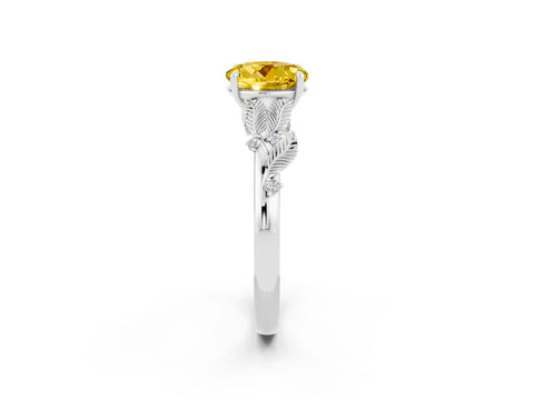 White gold Round Cut Yellow Sapphire Solitaire Ring with Leaf Motif Band and Four-Prong Setting_26
