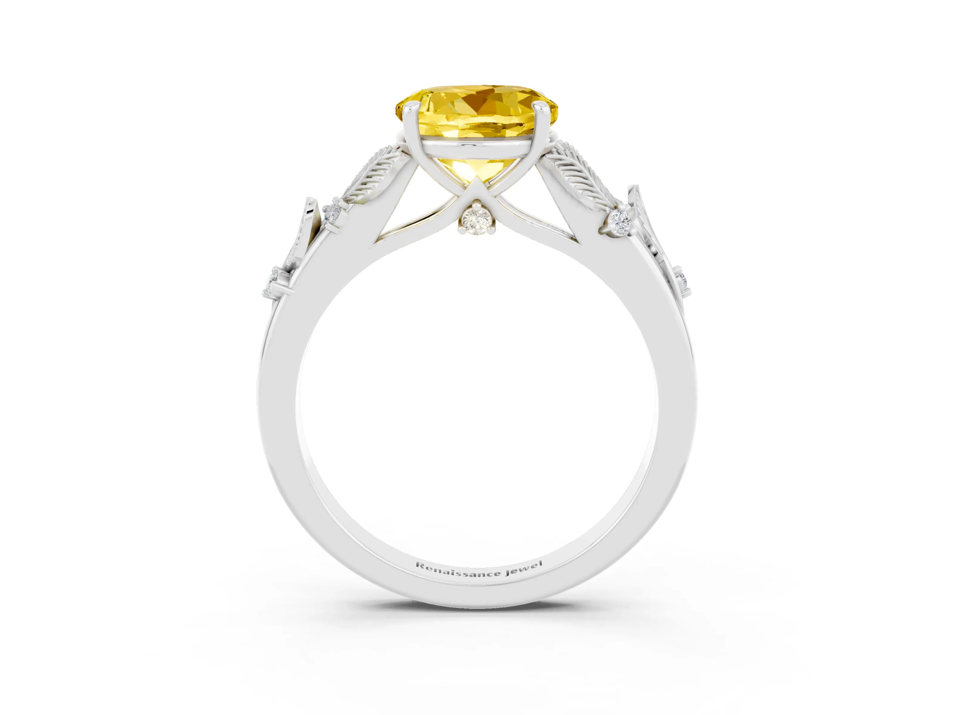 White gold Round Cut Yellow Sapphire Solitaire Ring with Leaf Motif Band and Four-Prong Setting_27