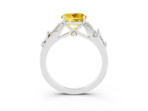 White gold Round Cut Yellow Sapphire Solitaire Ring with Leaf Motif Band and Four-Prong Setting_27