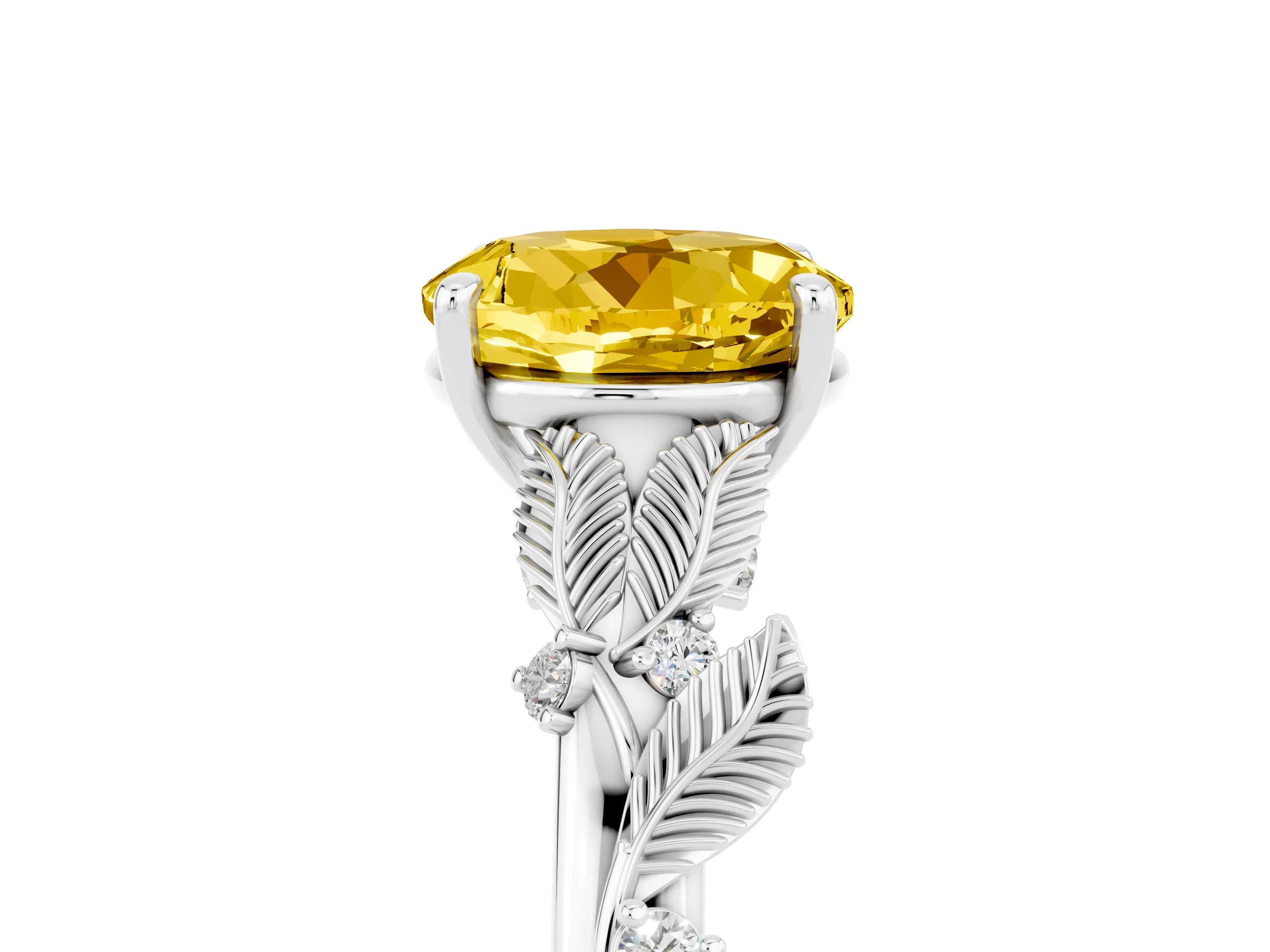 White gold Round Cut Yellow Sapphire Solitaire Ring with Leaf Motif Band and Four-Prong Setting_29