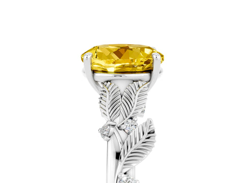 White gold Round Cut Yellow Sapphire Solitaire Ring with Leaf Motif Band and Four-Prong Setting_29