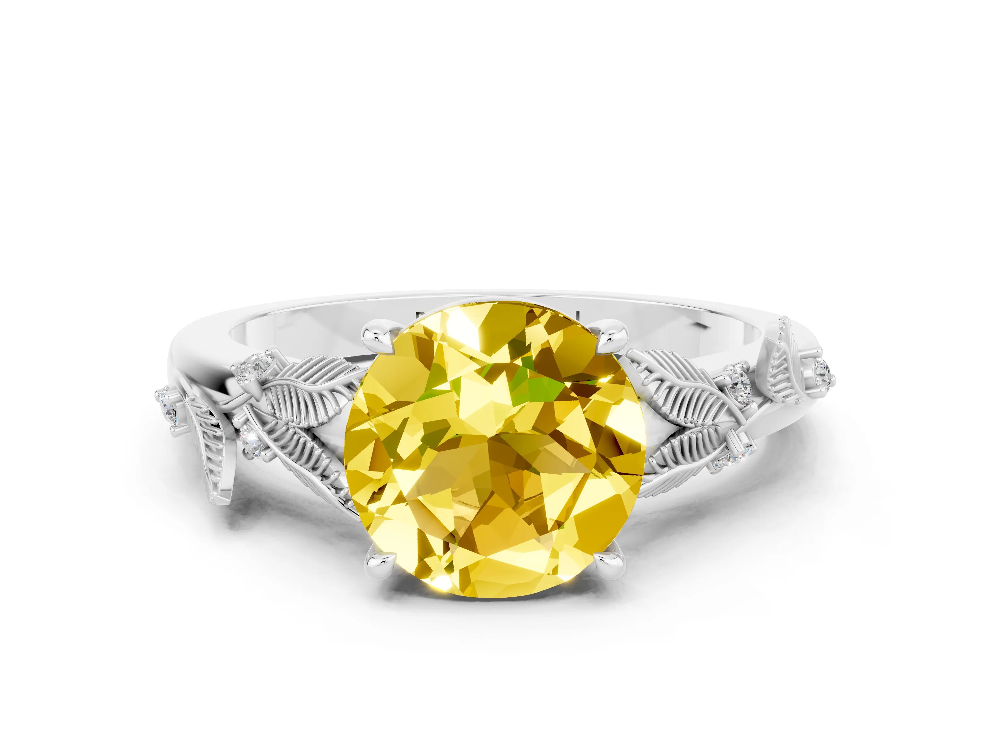 White gold Round Cut Yellow Sapphire Solitaire Ring with Leaf Motif Band and Four-Prong Setting_31