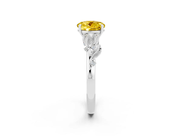 White gold Round Cut Yellow Sapphire Solitaire Ring with Leaf Motif Band and Four-Prong Setting