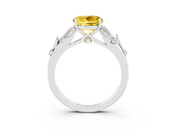 White gold Round Cut Yellow Sapphire Solitaire Ring with Leaf Motif Band and Four-Prong Setting