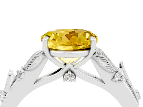 White gold Round Cut Yellow Sapphire Solitaire Ring with Leaf Motif Band and Four-Prong Setting_35