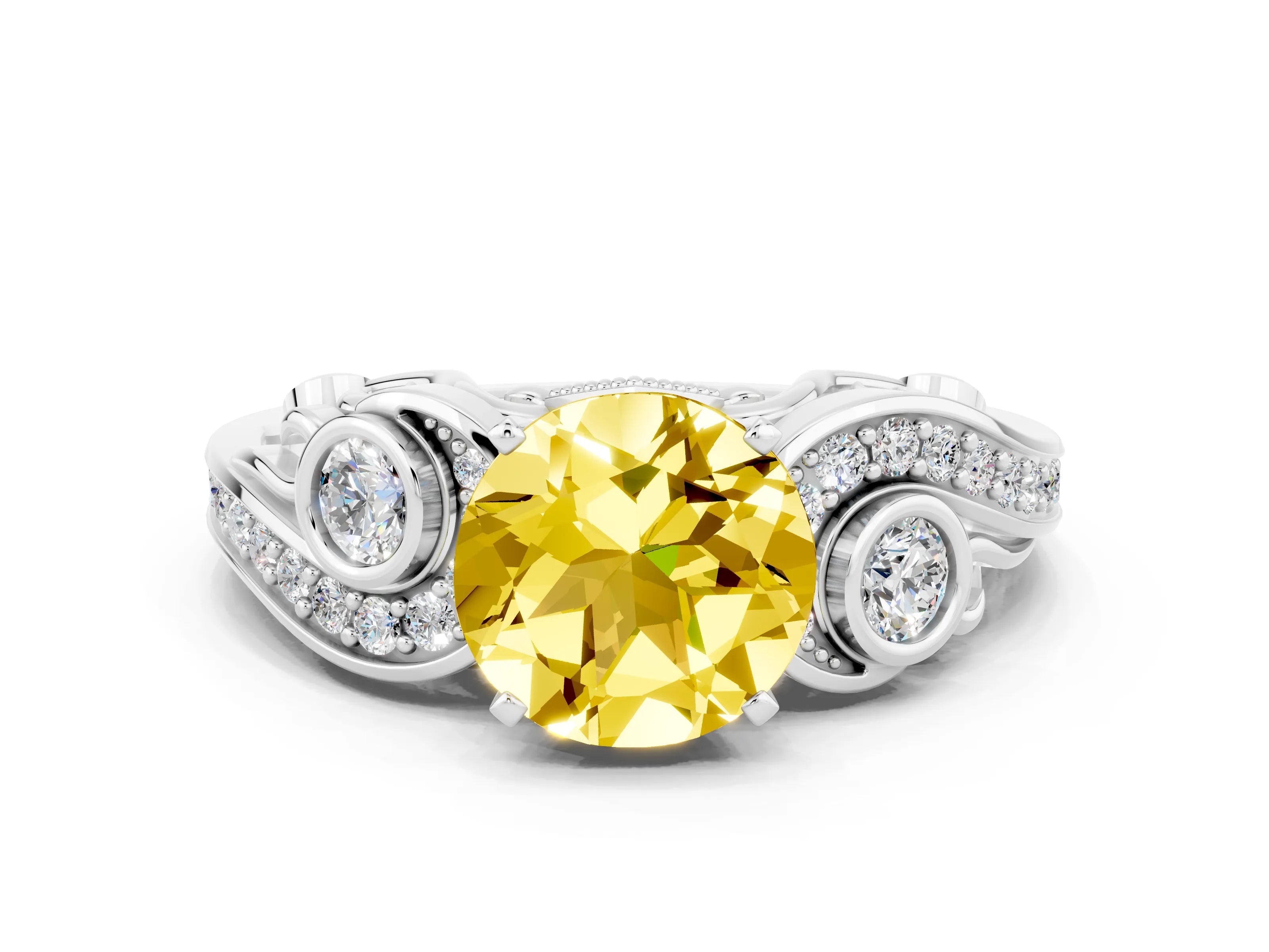 White gold Round Cut Yellow Sapphire Solitaire Ring with Milgrain Pavé Band and Four-Prong Setting_12