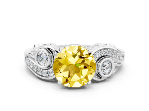 White gold Round Cut Yellow Sapphire Solitaire Ring with Milgrain Pavé Band and Four-Prong Setting_12