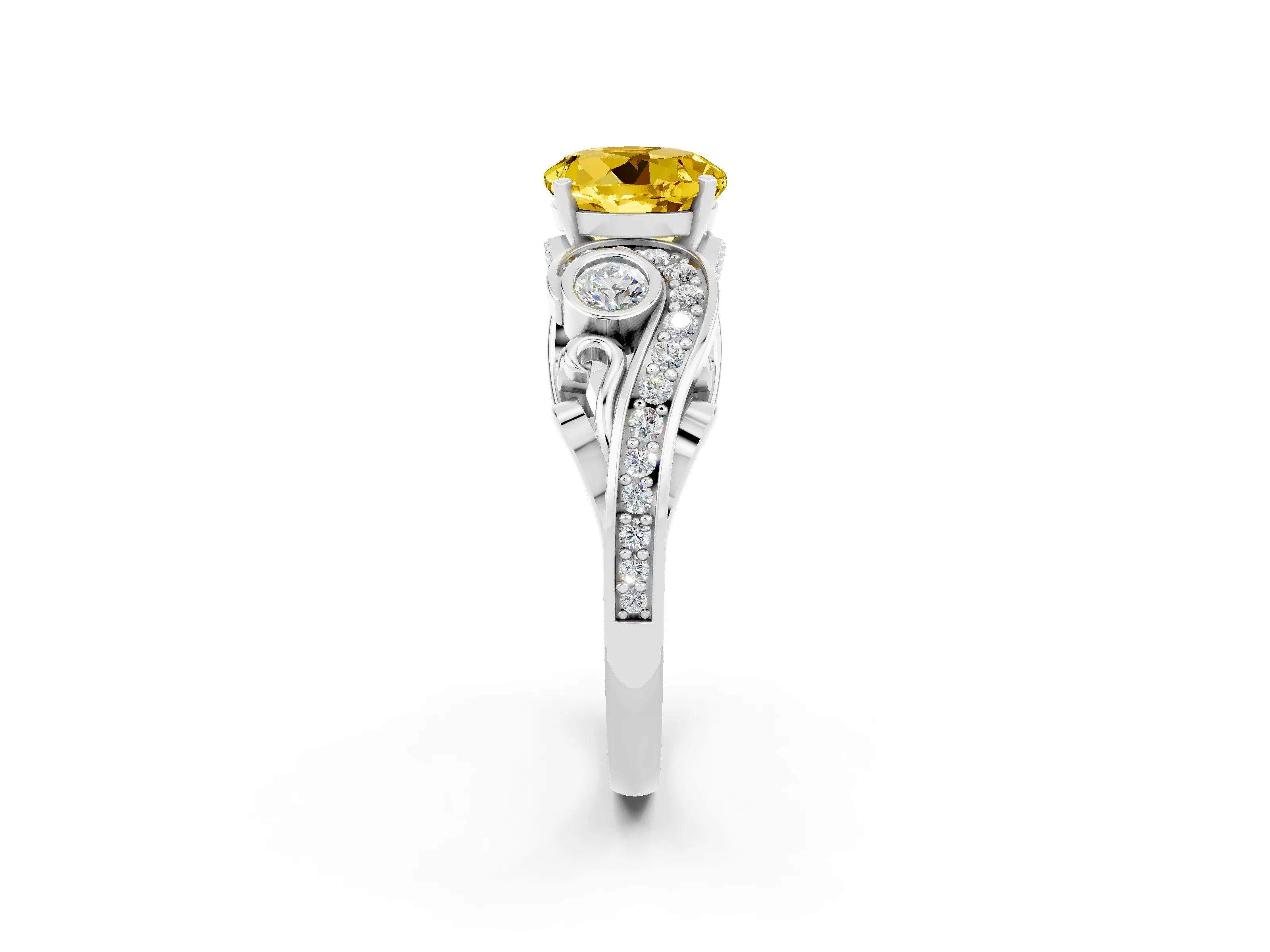 White gold Round Cut Yellow Sapphire Solitaire Ring with Milgrain Pavé Band and Four-Prong Setting_14