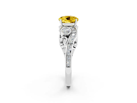 White gold Round Cut Yellow Sapphire Solitaire Ring with Milgrain Pavé Band and Four-Prong Setting_14