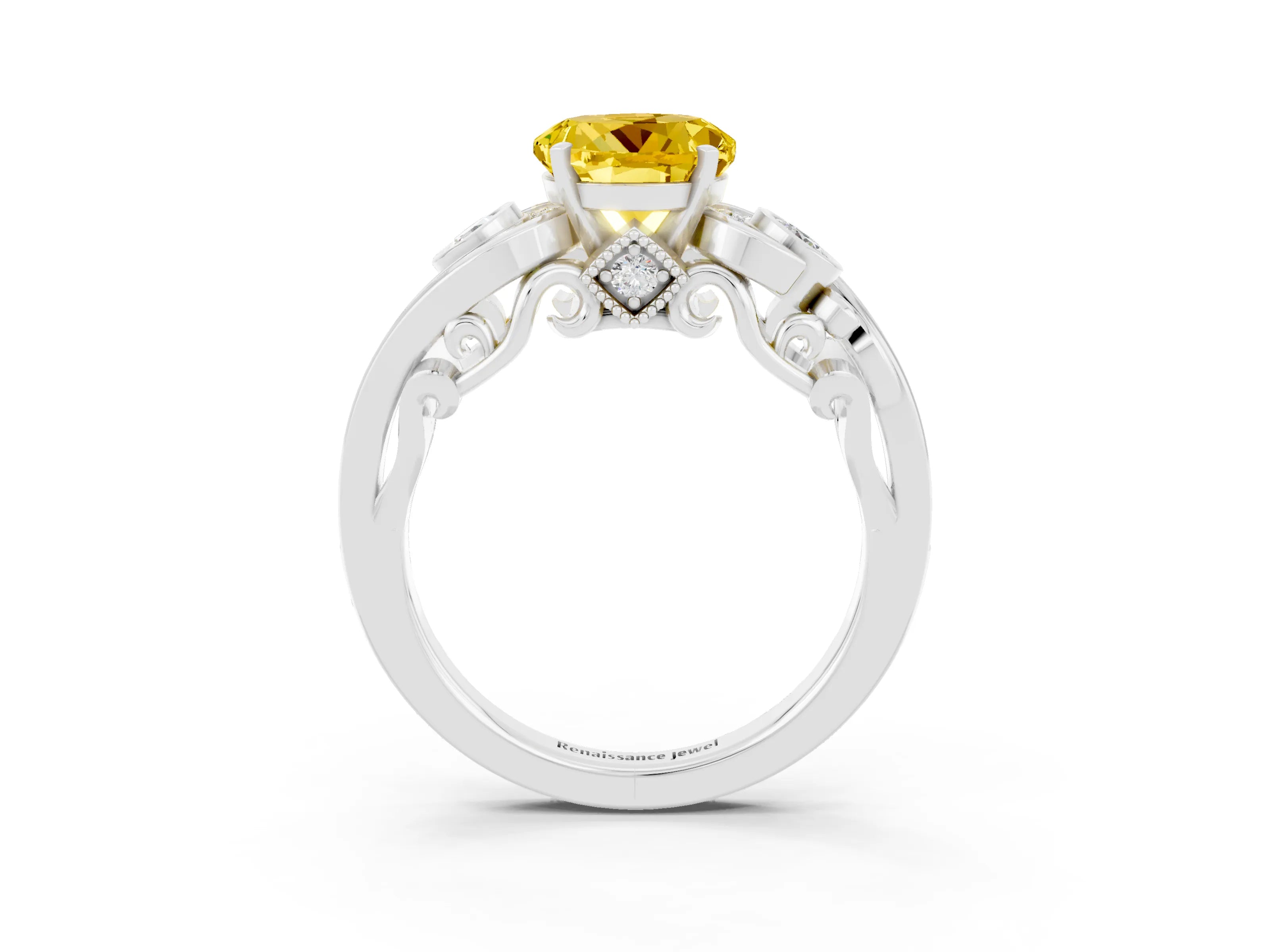 White gold Round Cut Yellow Sapphire Solitaire Ring with Milgrain Pavé Band and Four-Prong Setting_15